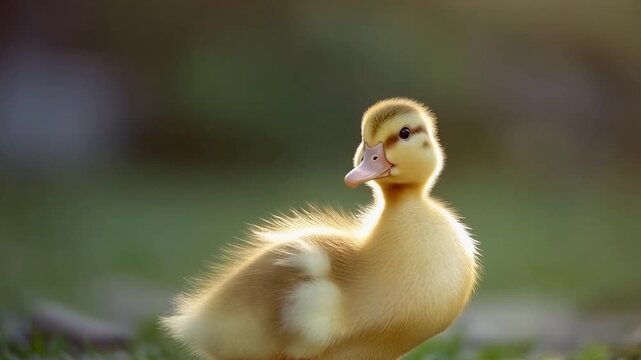 baby duck gently shaking feathers, soft natural light, blurred outdoor background