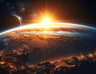 Space view of Earth, with a sunrise over the horizon and a crescent moon visible