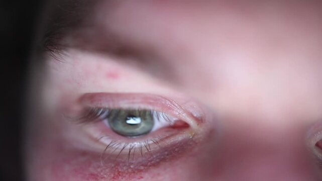 Close up of focused eyes illuminated by smartphone screen mobile game reflected in pupils showing intense attention during late night phone gaming