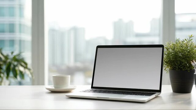 Bright office desk setup featuring blank screen laptop, white coffee cup, potted plant with city buildings visible through panoramic windows. Ideal for remote work, freelancing, or creative projects