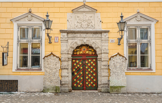 Entrance of the House of the Brotherhood of Black Heads in Tallinn old town, capital of Estonia