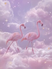 Fototapeta premium Two pink flamingos stand on fluffy clouds against a pastel purple sky with stars and sparkles, creating a dreamy, surreal scene.
