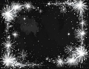 Sparkling stars frame a dark, abstract backdrop, creating a festive, celestial border