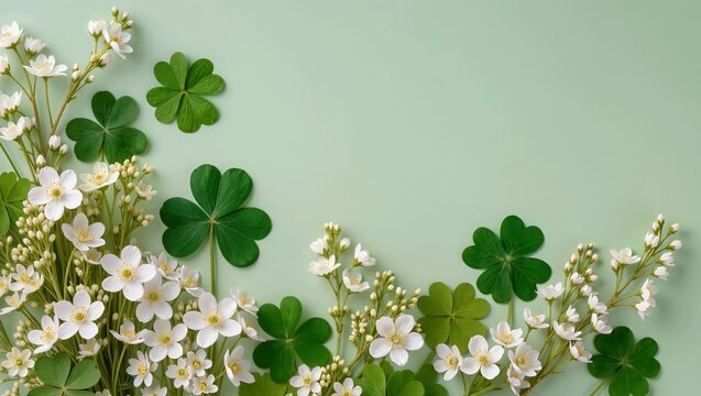 Spring floral background with green clover leaves and white flowers, copy space