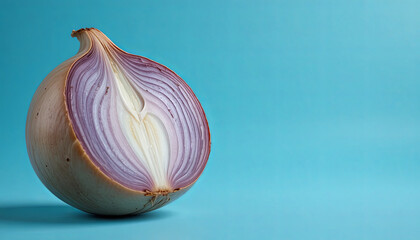 A whole onion is cut in half to show its layers and texture. The sliced onion rests on a light blue surface. The image illustrates the colors and patterns of the onion