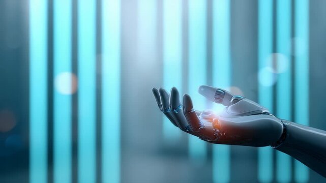 A sleek robotic hand reaches out, illuminated by glowing blue lights, representing the future of technology and AI. The blurred background suggests a cutting edge, digital world