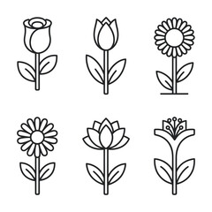 Minimalist flower icon set with rose tulip sunflower and daisy stems
