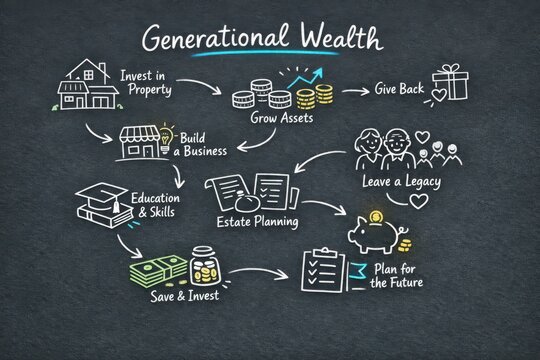 Comprehensive guide to generational wealth creation illustrating investment strategies, asset growth, education pathways, estate planning, and legacy management for a sustainable future