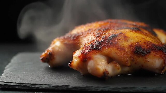 Deliciously grilled chicken thighs with crispy skin and visible steam on a dark background. 4k Food Footage Video
