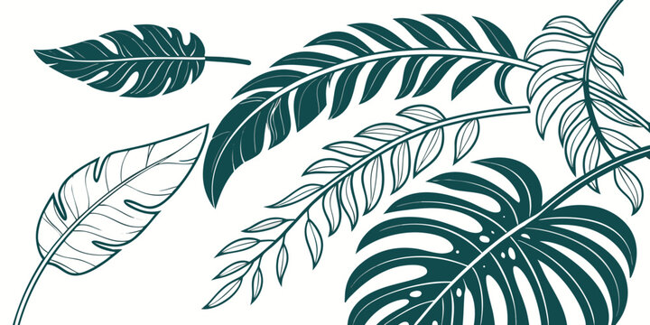 Minimalist tropical leaves illustration in dark teal and white, vector