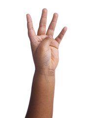 Obraz premium African-american boy showing four fingers on white background, closeup