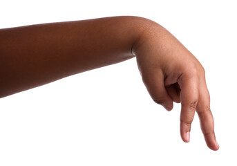 African-american boy gesturing on white background, closeup