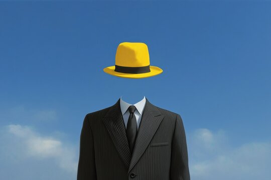 A vibrant yellow fedora hat is dramatically suspended above a sleek business suit, representing an invisible individual against an expansive, bright blue sky.