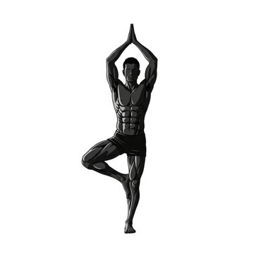 Man doing yoga tree pose exercise isolated on transparent background.