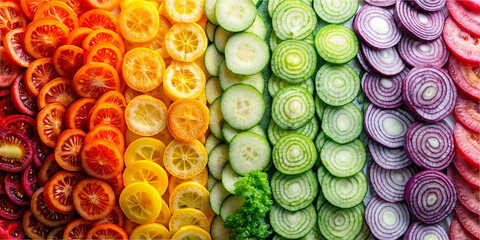 Slices of tomatoes, cucumbers, and onions in various colors are lined up in rows on a wooden surface. The arrangement shows a vibrant spectrum of colors. The setting is a kitchen with natural light