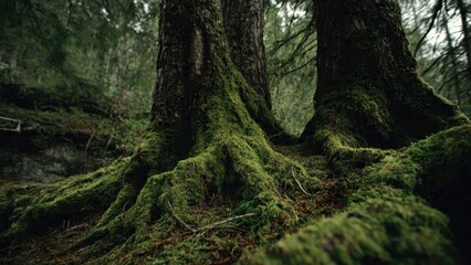 Obraz premium Mossy Tree Roots in a Lush Forest