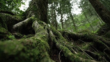 Mossy tree roots in a lush forest