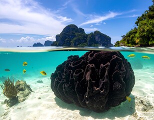 Split view ocean, island, underwater sponge, fish, sand, and sunny sky above