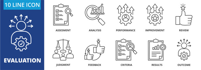 Fototapeta premium Evaluation icon set collection in outline style. Icon pack contain assessment,analysis, performance, improvement, review, judgment, feedback, criteria, results, outcome