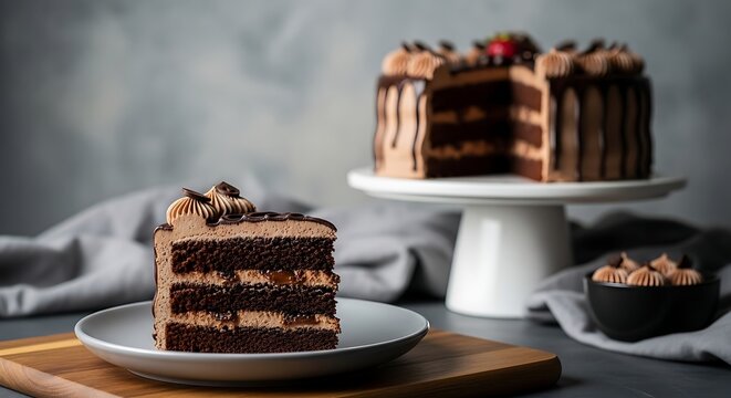 Sepotong kue cokelat yang lezat di atas piring dengan tatakan kue di latar belakang.