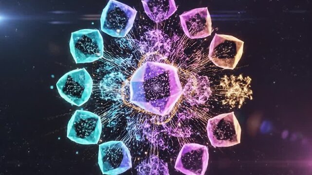 Vibrant, glowing polygonal shapes in shades of purple, pink, orange, and blue, arranged in a circular pattern against a dark background with subtle light effects and a white border at the