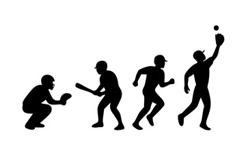Fototapeta premium Black Silhouette Set of Four Baseball Players in Different Positions Catcher Batter Runner and Fielder for Sports Design, Baseball Player Silhouettes Showing Catcher Batting Running and Catching Poses