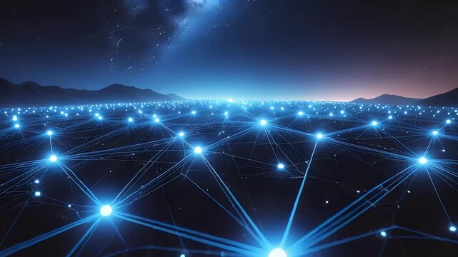 Abstract digital landscape of glowing network connections in a cosmic space, symbolizing technology and connectivity in the modern world.
