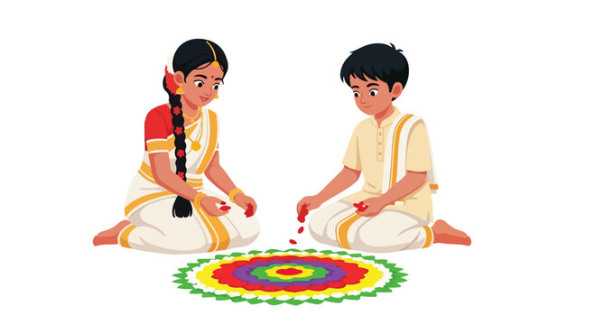 Two Indian children sitting on the floor creating a colorful rangoli design with vibrant patterns and shapes.
