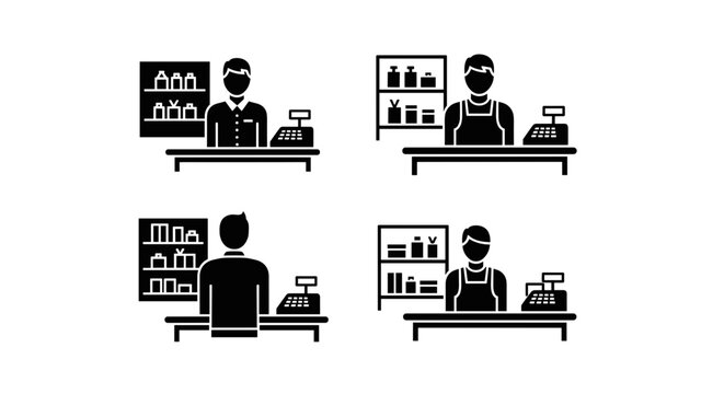Diverse retail workers at checkout counters with shelves of products representing customer service and commerce