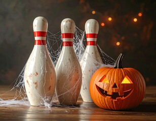 Spooky Halloween arrangement with bowling pins, spiderwebs, and a glowing jack-o'-lantern