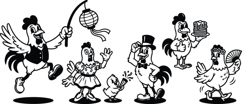 Retro cartoon vector family of chickens celebrating with paper lantern pancakes chick popping confetti in vintage playful black and white