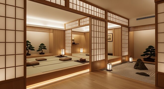 Elegant Japanese Interior with Warm Lighting Shoji Screens and Meditative Zen Garden.