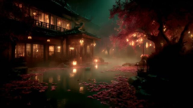 Geothermal hot springs resort, spa, bath pool, winter relaxation vacation theme. A serene, atmospheric scene of a Japanese tea garden at night.