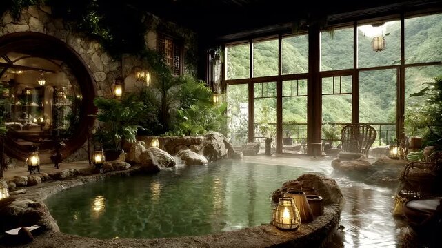 Geothermal hot springs resort, spa, bath pool, winter relaxation vacation theme. A tranquil indoor pool surrounded by lush greenery, illuminated by lanterns and surrounded by rocks and potted plants.