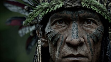 Obraz premium Indigenous elder portrait with traditional feathers face paint in forest, cultural heritage concept!