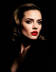 Fototapeta premium Elegant woman with retro waves and bold red lipstick posing in dramatic lighting. Ideal for luxury beauty campaigns, fashion editorials, cosmetic ads, or high-end branding visuals.