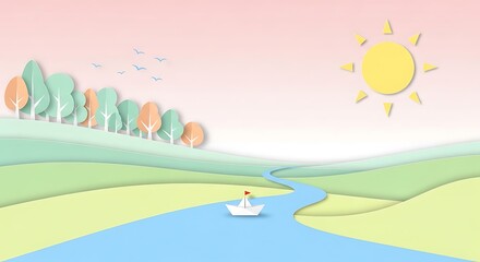 Naklejka premium Small paper boat sails down a winding blue river under a bright yellow sun in a gentle, layered countryside scene.