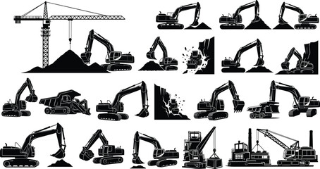 Collection of heavy construction machinery silhouettes featuring excavators cranes dump trucks and earth moving equipment isolated on white background for industrial engineering projects © Md Joni Islam