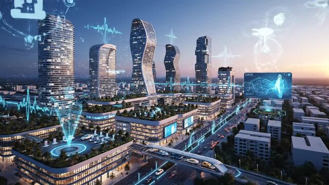 Futuristic Smart City Concept: 5G, Drones, and Tech-Driven Urban Development Visualization