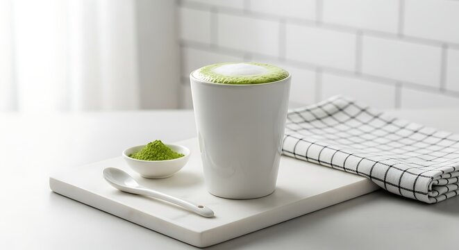 Matcha latte hangat dengan buih susu di gelas putih samping bubuk hijau