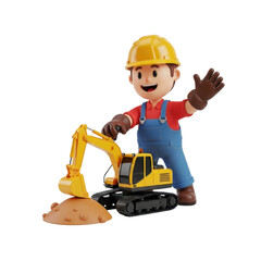 Fototapeta premium Cartoon construction worker operating excavator