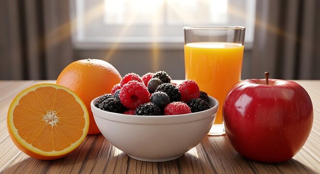 Menu sarapan sehat buah beri, jeruk segar, dan jus jeruk di atas meja kayu