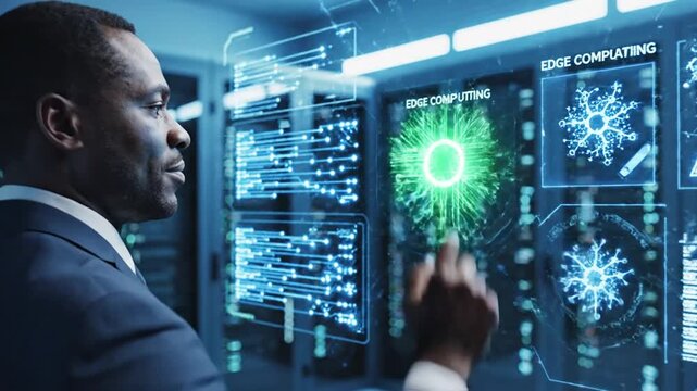 IT Professional Interacting with Advanced Technology in a Data Center, Edge Computing Visualization