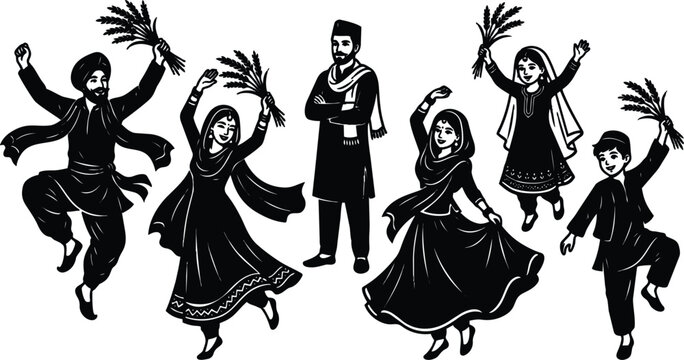 Folk art silhouette vector of smiling punjabi dancers holding wheat sheaves dancing baisakhi harvest celebration with joyful traditional clothes