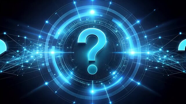 Blue digital question mark symbol representing mystery and innovation in technology and communication concepts.