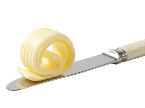 Single curl of butter on a butter knife, isolated on transparent background