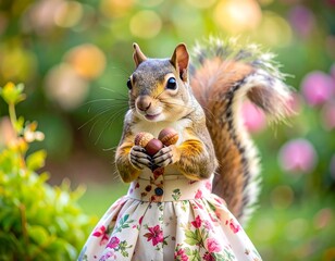 Squirrel wears floral dress, holds nuts in paws, backlit by soft bokeh background