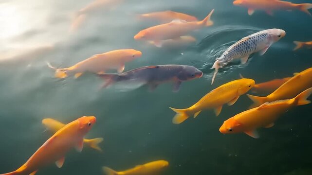 Koi Fish Swimming in Pond Water.