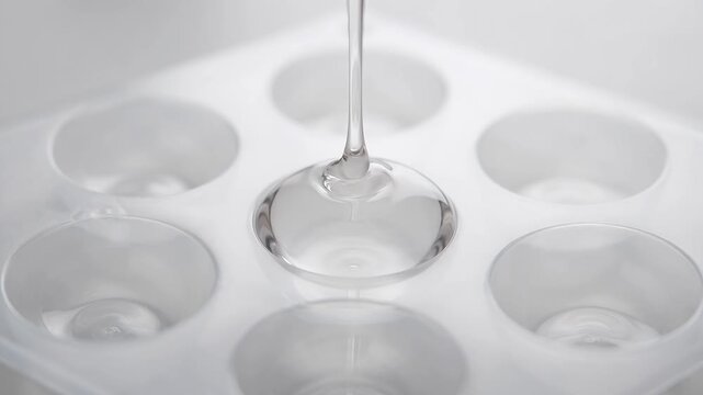 Liquid being poured into a circular container with multiple compartments from a dropper close-up view