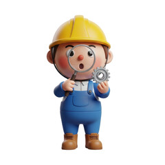 Cartoon worker examining gear with magnifier
